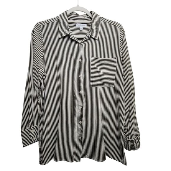 Alex & Jordan Green Striped Long Sleeve Button Up Blouse Large - Picture 1 of 9